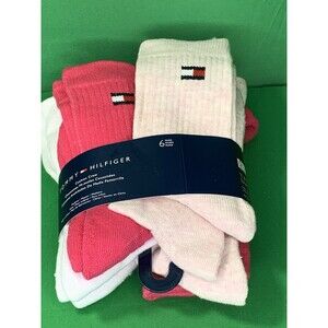 TOMMY HILFIGER  (6 Pk) CUSHION CREW Womens MEDIUM SIZE ( US 10.5-4) White & Pink